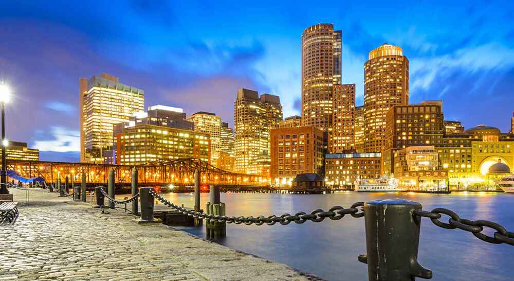 Boston skyline at the waterfront at dusk